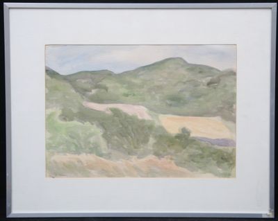 une aquarelle représentant un paysage avec des collines en arrière-plan