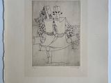 drawing of a woman sitting on a bench with a cat in her lap