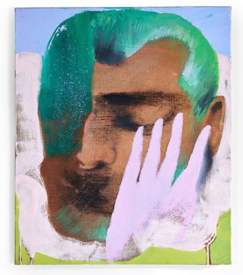 une image représentant un tableau d'un homme aux cheveux verts portant ses mains à son visage