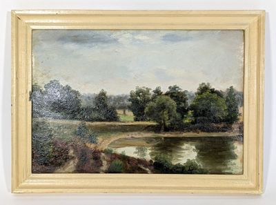 an oil painting of a landscape with a river and trees