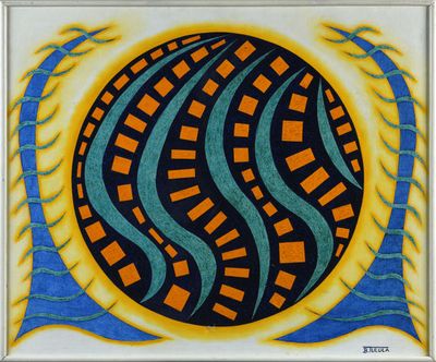 an abstract painting of a circle with blue, orange and yellow stripes