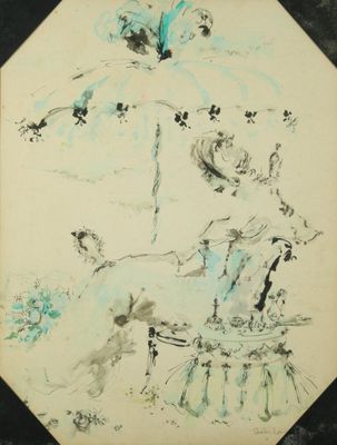 Christian ROBIER. Jeune femme sous le parasol. Dessin. Signé…