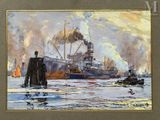 une peinture à l'huile représentant un grand navire à l'eau, près d'un quai