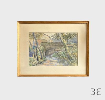 une photo d'un tableau représentant un pont dans les bois