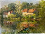 an oil painting of a boat on a river with houses in the background