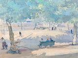 a painting of people sitting on a bench in a park