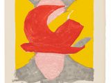 une peinture représentant une œuvre abstraite rouge et jaune sur fond blanc
