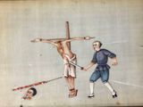 painting of a man on a cross with a sword and a man holding a sword