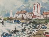 un tableau représentant des bateaux sur l'eau près d'un phare