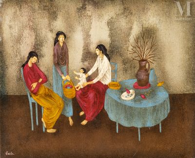 un tableau représentant une famille assise autour d'une table