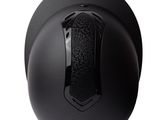 the helmet is black and has a black buckle on the side