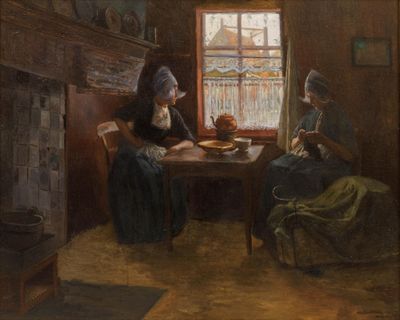 un tableau représentant deux femmes assises à une table devant une fenêtre