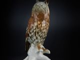 statue of an owl sitting on a branch on a black background