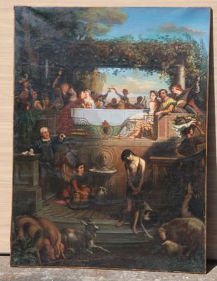 a picture of a painting of a group of people at a table