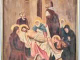 an old painting of jesus laying on the cross with other people