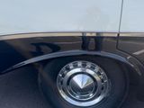 a white truck with a black stripe parked in a parking lot