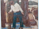 a painting of a man holding a rope in front of a building