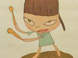 painting of a cartoon girl holding a spoon and spoon in her hand