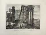 an old drawing of a ruined building with people standing around it