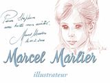 dessin représentant le visage d'une femme, sur lequel figure une citation manuscrite
