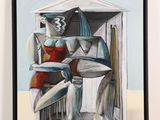 un tableau représentant une femme en robe rouge assise sur un tabouret