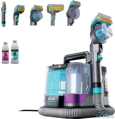 plusieurs modèles d'aspirateurs et une bouteille de produit nettoyant