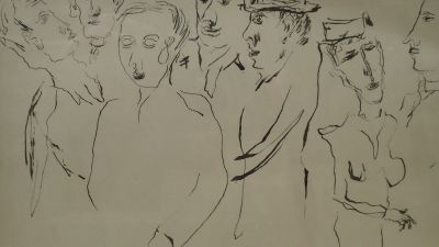 dessin représentant un groupe de personnes alignées dans une pièce
