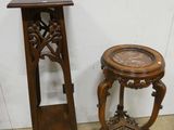 a small table with a clock on it next to a small table with a clock on it