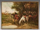 painting of a group of men riding horses in a wooded area
