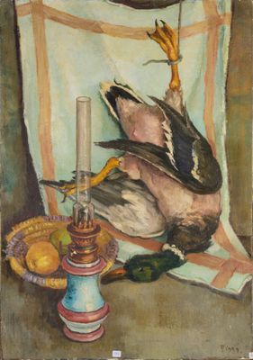 un tableau représentant un canard posé sur une table, à côté d'une bougie