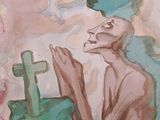 a painting of a man praying in front of a cross