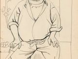 drawing of a man with a hat and a cane standing in front of a wall
