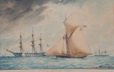 tableau représentant deux navires en pleine mer, avec le ciel en arrière-plan