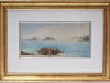 an image of a painting of a beach scene with rocks in the water