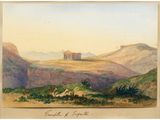 un tableau représentant une vue sur une chaîne de montagnes avec un temple au loin