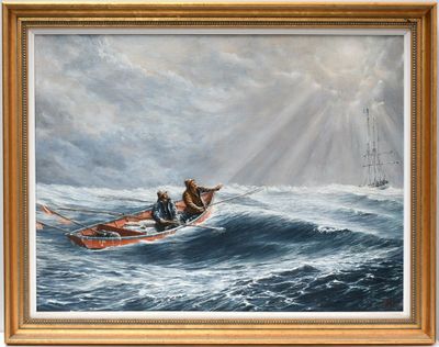 an oil painting of two people in a small boat in a large body of water