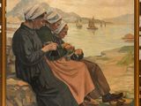 painting of a group of people sitting on a rock next to a body of water