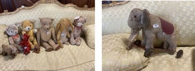 two pictures of stuffed animals sitting on a couch