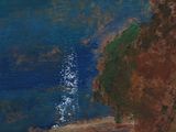 painting of a view of the ocean from a hill with a boat in the water