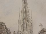 a drawing of a building with a spire on top of it