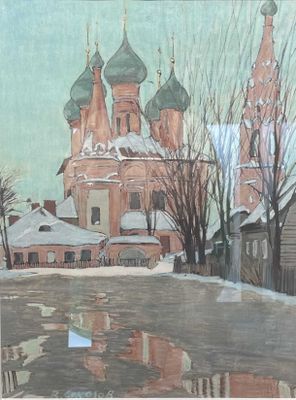 tableau représentant une église sous la neige, avec une flaque d'eau devant