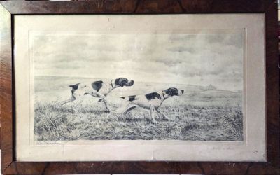 tableau représentant un groupe de chiens courant dans un champ, avec le ciel en arrière-plan