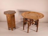 pair of wooden tables with marble top and wooden legs