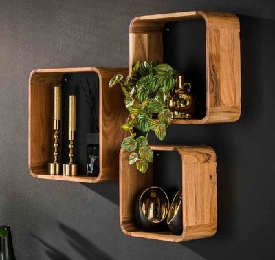 trois étagères en bois fixées au mur, sur lesquelles se trouve une plante