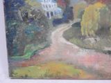a painting of a house on the side of the road