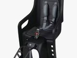 a black chair with a seat that is attached to the back of it
