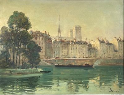 tableau représentant une vue d'une ville avec un bateau sur l'eau