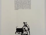 an image of a black and white drawing of a bull and a man on a horse