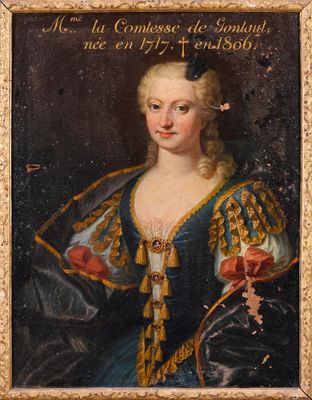 an old painting of a woman in a blue dress and gold trim
