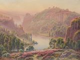 painting of a landscape with a river and mountains in the distance